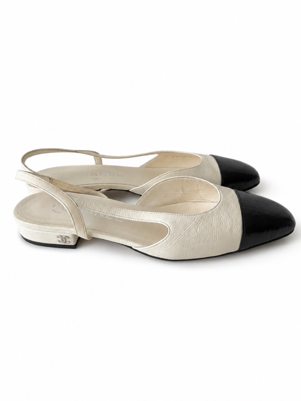 CHANEL Beige and Black Goatskin Slingback Flats